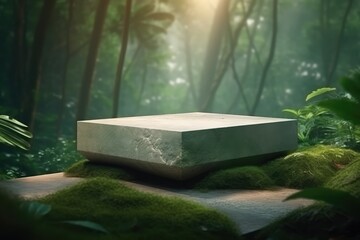Stone platform pedestal in tropical forest for product, generative AI