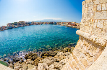 View of old Venetian Port of Chania. Landmarks of Crete island in Greece.