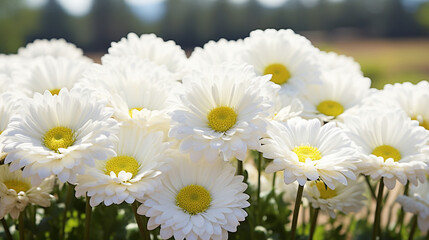 Lush white Gerbera in full bloom. A sunny summer backdrop adorned with Gerbera jamesonii blossoms 