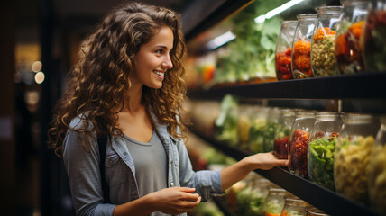 female buying fresh fruits in grocery store