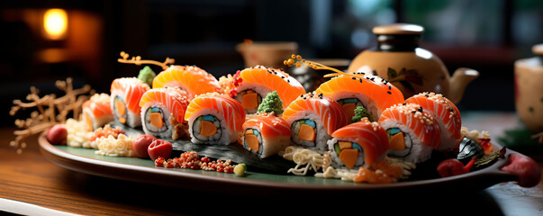 Experience the culinary magic of Japan through this deliciously enticing photo featuring rolls and sushi on a mesmerizing dark backdrop. Ai generated
