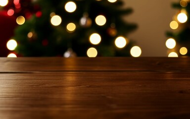 wooden table with christmas background