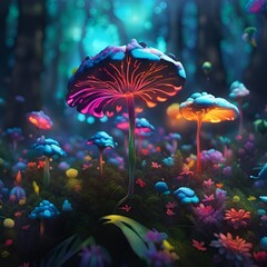 Fluorescent magic mushrooms on a dark background, illustration in sketch style, created with AI generative tools