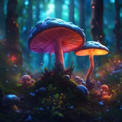Fluorescent magic mushrooms on a dark background, illustration in sketch style, created with AI generative tools