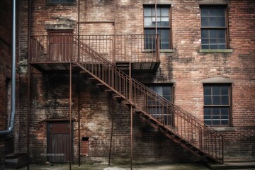 a fire escape in a historic brick building. Generative AI