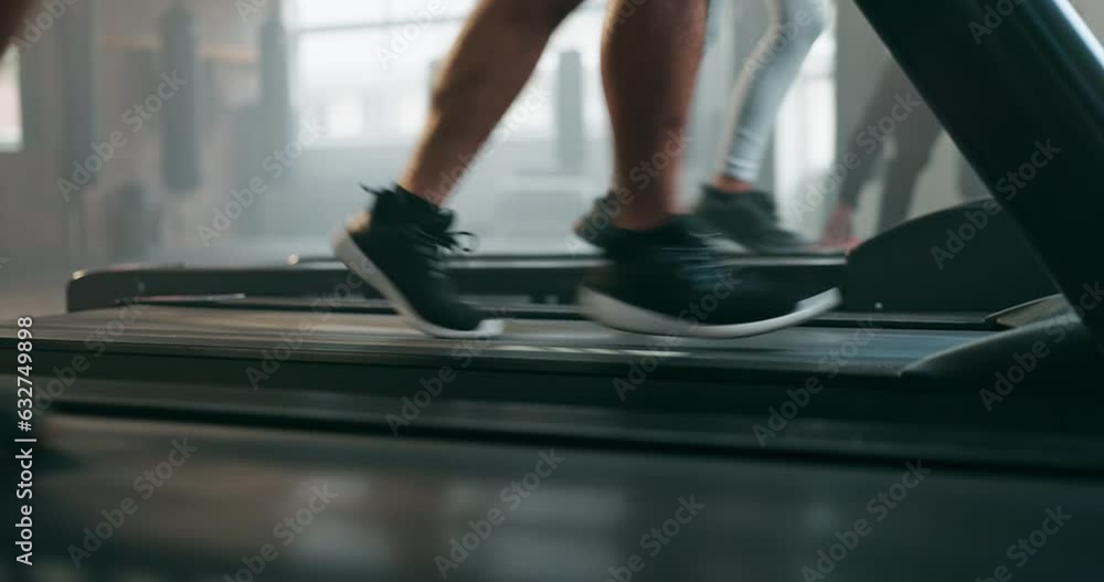 Canvas Prints Feet, exercise and running shoes on a treadmill at gym for training and wellness of people. Closeup legs of athlete group together for cardio workout on machine for health, speed and fitness