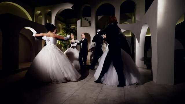 waltz in ballroom in night, romantic dance pairs dancing on dance floor, romantic fairytale