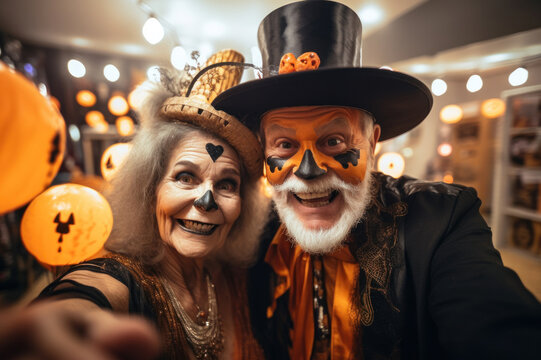 Biracial Senior Couple Dressed Up In Halloween Costume. A Man And Woman Went To A Halloween Party In Spooky Creations And Make Up. Dia De Muertos. Celebration Of Mexico's Day Of The Dead. Generated Ai