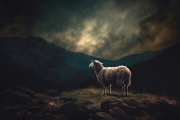 One Missing Sheep at Night. Bible Concept for Jesus Looking for Lost Sheep. - obrazy, fototapety, plakaty