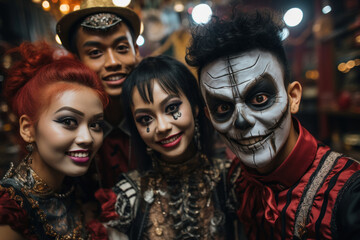 A group of different nationalities student friends at a Halloween party at school. Wide angle shot of people in spooky disguises and makeup. Celebration of Mexico's Day of the Dead. Generated Ai