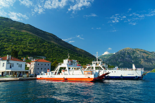 Lepetane - Kamenari Ferry, Montenegro, June 30, 2023 - the sea ferry transports cars and passengers