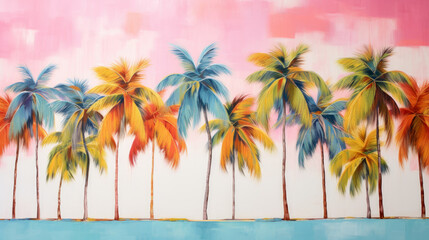 Fototapeta na wymiar Tropical exotic Landscape with bright palm trees, Pink and blue trending shades, Generative AI