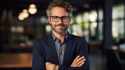 Fototapeta premium Happy middle aged business woman ceo standing in office arms crossed.