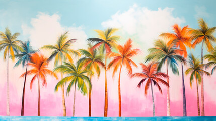 Tropical exotic Landscape with bright palm trees, Pink and blue trending shades, Generative AI