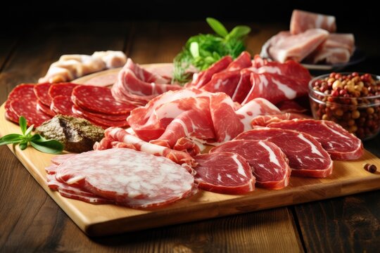 Assortment of various types of Italian cold cuts. Salami, raw ham, soppressata, capocollo
