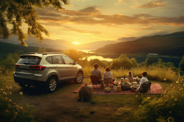 Family camping on mountain looking at sunset.