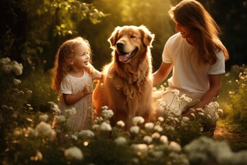 A mother and her daughter sitting in a forest with a golden retriever.