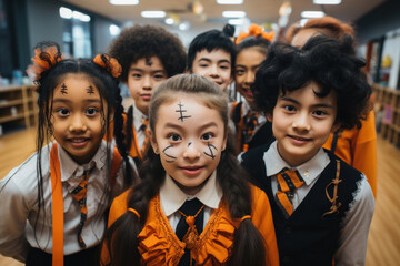 A group of kids of different nationalities of elementary school age at a Halloween party at school. Wide angle shot of kids in spooky disguises and makeup. Generated Ai