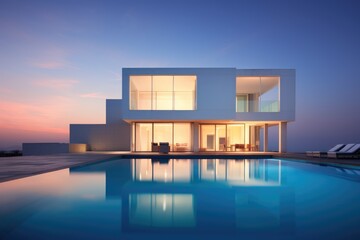 Modern white house with swimming pool at sunset.
