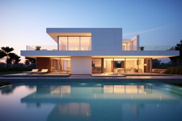 Modern white house with swimming pool at sunset.