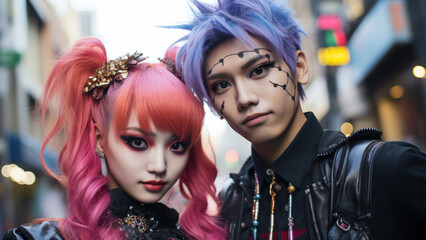 Obraz premium Student couple dressed up in Halloween costume. Girl and boy in spooky Halloween makeup. Street portrait of death parade participants. Generated Ai