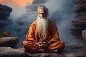 Indian Guru. Sadhu Meditation on a Mountain.  Meditation. Yoga. A man with a long white beard sitting on a rock.  Old Indian Guru Meditation. Yoga Teacher. Guru. Hinduism. Buddhism. Wise Old Man. Sage - obrazy, fototapety, plakaty