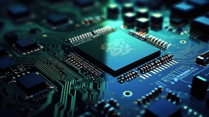 electronic circuit board with a microchip processor, for data processing in a Technology-themed image as a JPG horizontal format. Generative AI