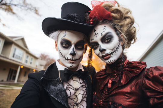 Student couple dressed up in Halloween costume. Girl and boy in spooky Halloween makeup. Street portrait of death parade participants. Generated Ai