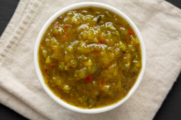 Homemade Sweet Pickle Relish in a Bowl, top view. Flat lay, overhead, from above.
