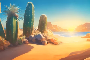 Foto op Aluminium Fantasy watercolor style digital illustration of desert with cactus and undergrowth. warm tropical landscape design of the Brazilian northeastern coast. Cacti, sand, stones and blue sky. © SuperTittan