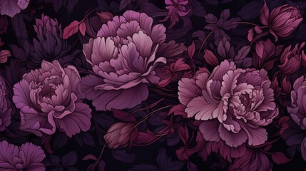 a horizontal, dark floral background in Purple tones with space for type in a Commercial-themed image as a JPG horizontal format. Generative AI