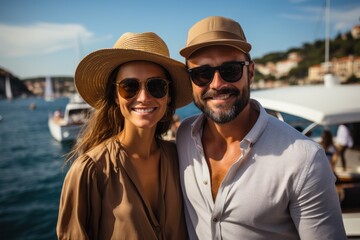 Couple in love sitting on yacht deck while sailing in the sea. Handsome man and beautiful woman having romantic date. Luxury travel concept.Sexy and expensive sleek vacation