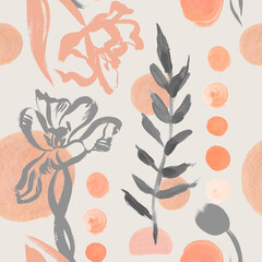 Seamless abstract pattern with monochrome tulip flowers painted with leaves in pastel shades