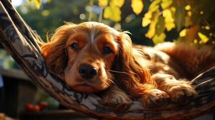Cocker spaniel sits in a leafy hammock, resting and basking in the autumn sun.