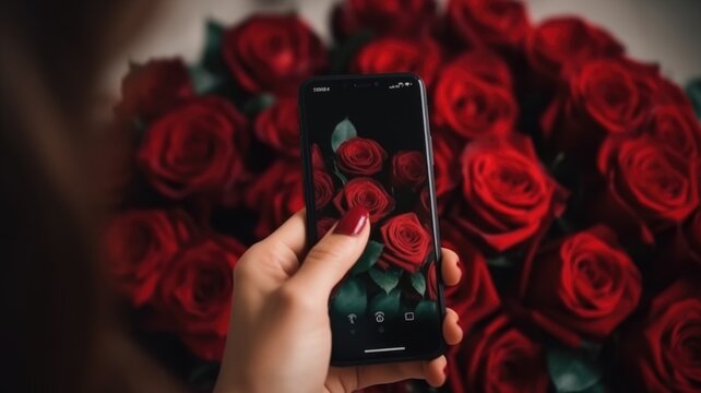 Ai generated. A woman holds a phone against the background of a bouquet of red rose . Mockup of the phone. flower delivery. 