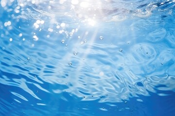 Blurred transparent blue colored clear calm water surface texture with splashes and bubbles. Trendy abstract nature background. Water waves in sunlight.