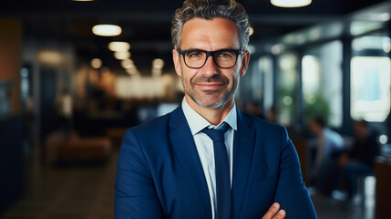 Fototapeta premium Happy middle aged business man ceo standing in office arms crossed