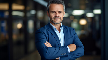 Fototapeta premium Happy middle aged business man ceo standing in office arms crossed