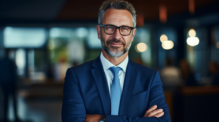 Fototapeta premium Happy middle aged business man ceo standing in office arms crossed