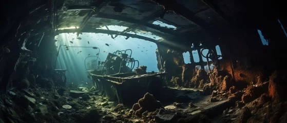 Papier Peint photo Lavable Naufrage Beautiful Interior Design of a Ship Wreck Underwater on the Floor of the Ocean.