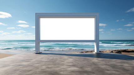 Blank billboard on the beach with sea in the background. 3d rendering