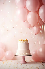 Birthday cake with pink balloons and confetti on pastel background
