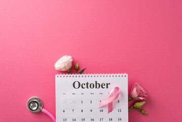 Breast cancer awareness campaign. Top view image featuring October calendar, pink ribbon sign, stethoscope, and fresh eustoma flowers on pink background with text space - Powered by Adobe