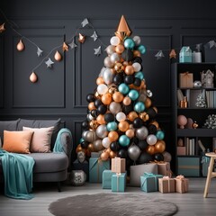 Christmas tree made of balloons Multi-colored gel balls.
Creative room decor, unusual Christmas tree.