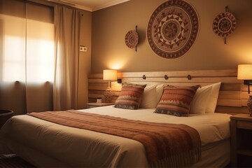 Stylish interior of hotel room in ethno style for two persons. Modern luxury design