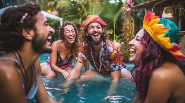 a Pool party with people laughing and having a fun time in a party-themed image as a JPG horizontal format. Generative AI