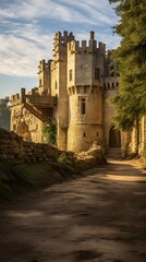 Fototapeta na wymiar Huge Medieval Castle, Big Walls made of Stone.