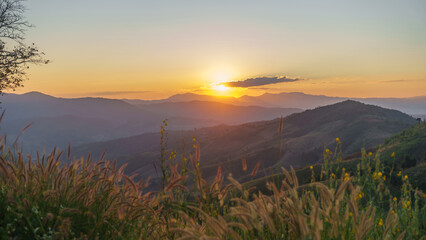Beautiful sunrise scene in mountains with view of nature.