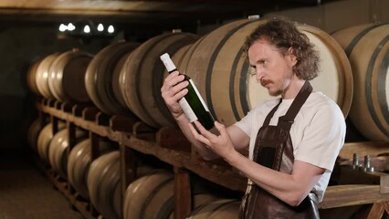 Adult man winemaker at winery checking glass looking quality while standing between the barrels in the cellar controlling wine making process - real people traditional and industry wine making concept