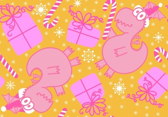 Cartoon animals dinosaur Christmas seamless dragon pattern for wrapping paper and kids clothes print